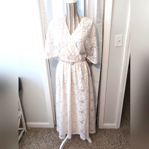 Vintage Halston Ill Floral‎ Ivory Lace Dress Satin Trim Flutter Sleeves Size 12